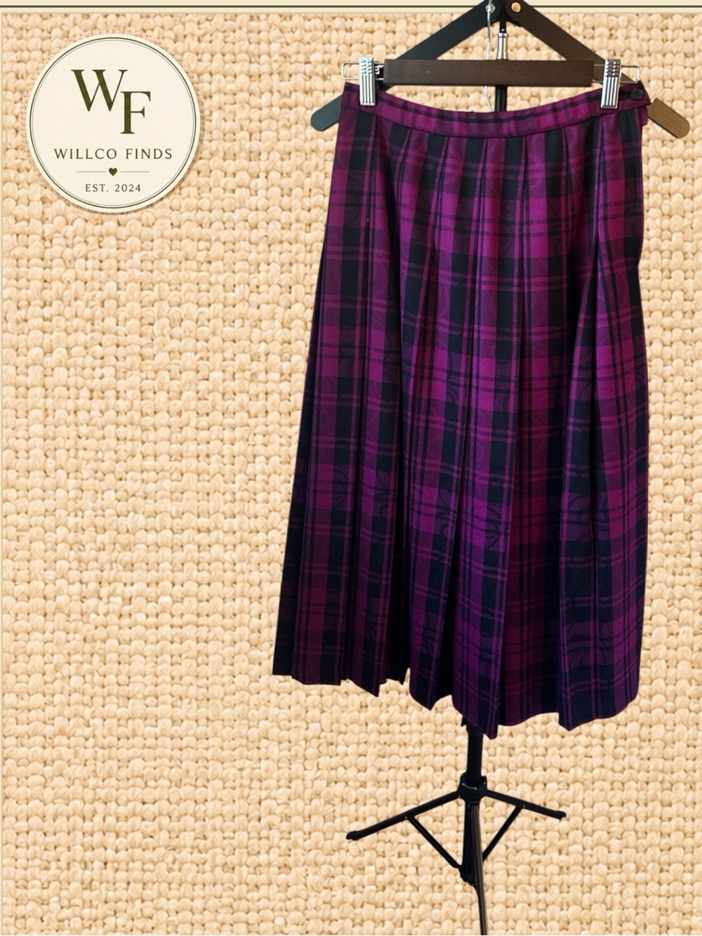 Vintage Pendleton Petite 6 Pink Black Plaid Pleated Virgin Wool Midi Skirt